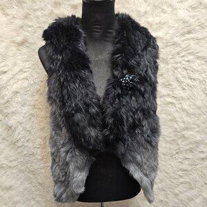 Lily Narrations Collection Women's Genuine Rex Rabbit Fur Knit Black Gray Vest